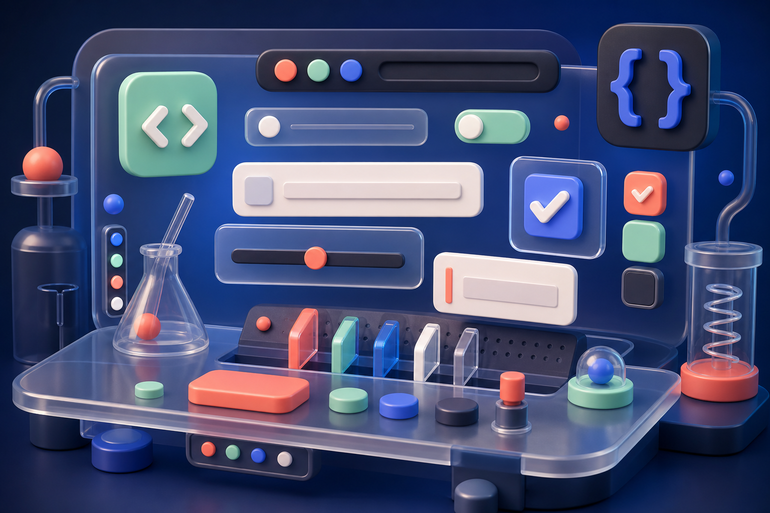 Ilustracao 3D de um laboratorio de formularios com controles flutuantes